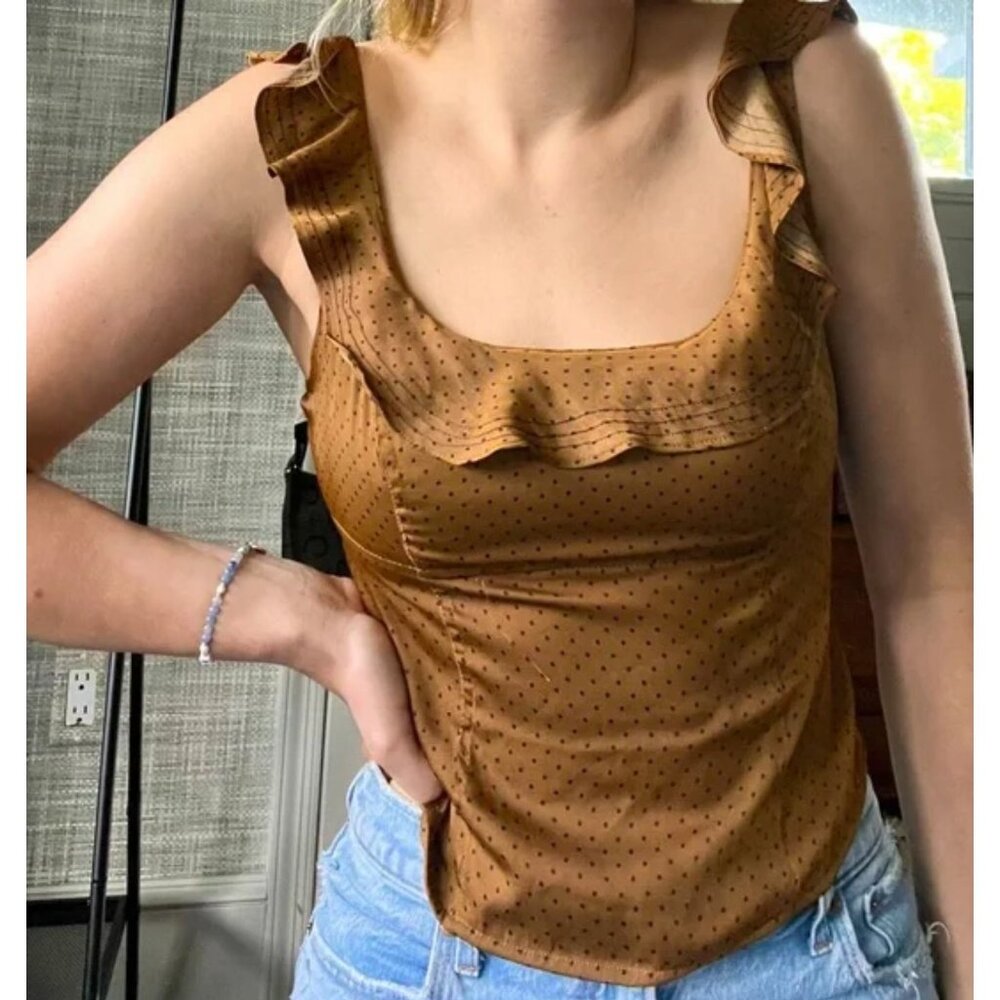 Free People Women Top Sz S Cropped Bronze Polka Dot Ruffled Satin Smocked Flirty